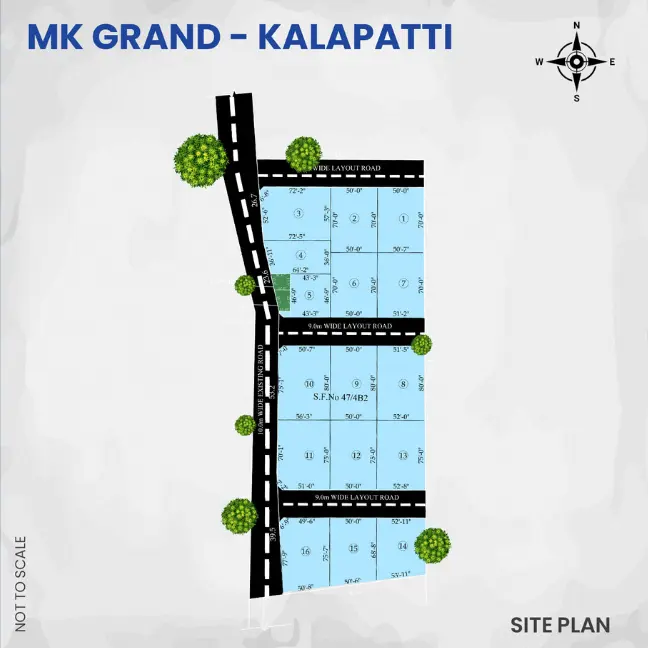 Best DTCP Approved Layout Plots Sales in Coimbatore, Tirupur A detailed site map of MK Grand Kalapatti, highlighting infrastructure and landscaping features.