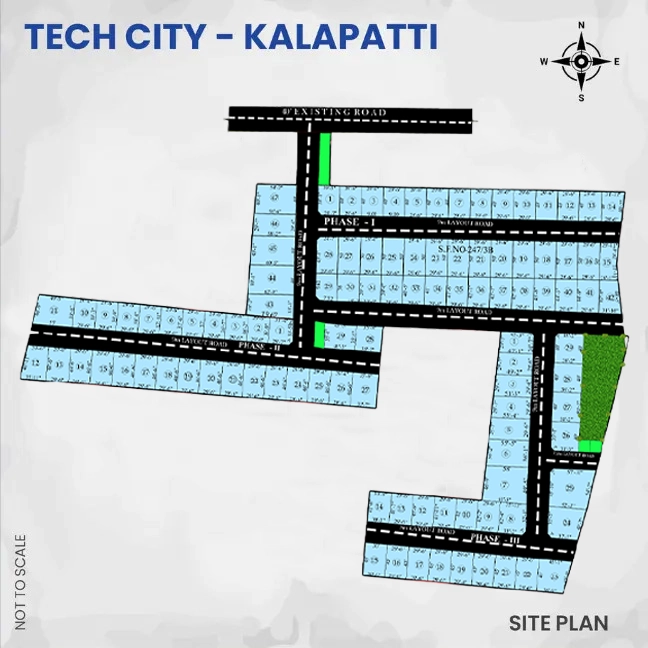Top Residential Plot Bulid Developer Companies in Coimbatore Site plan of Tech City Kalapatti showcasing layout of buildings, roads, and green spaces