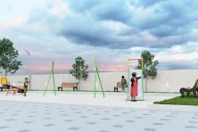 Gated Community Developer With Children Park in Coimbatore A lively playground with people happily swinging on swings, enjoying the outdoor recreational area